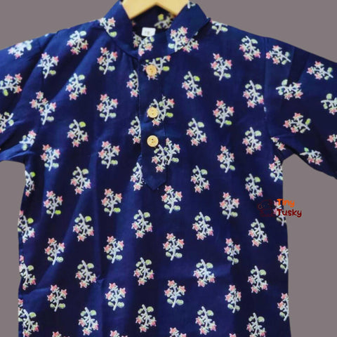 Blue Cotton Floral Print Boys Kurta White Pajama - Tiny Tusky