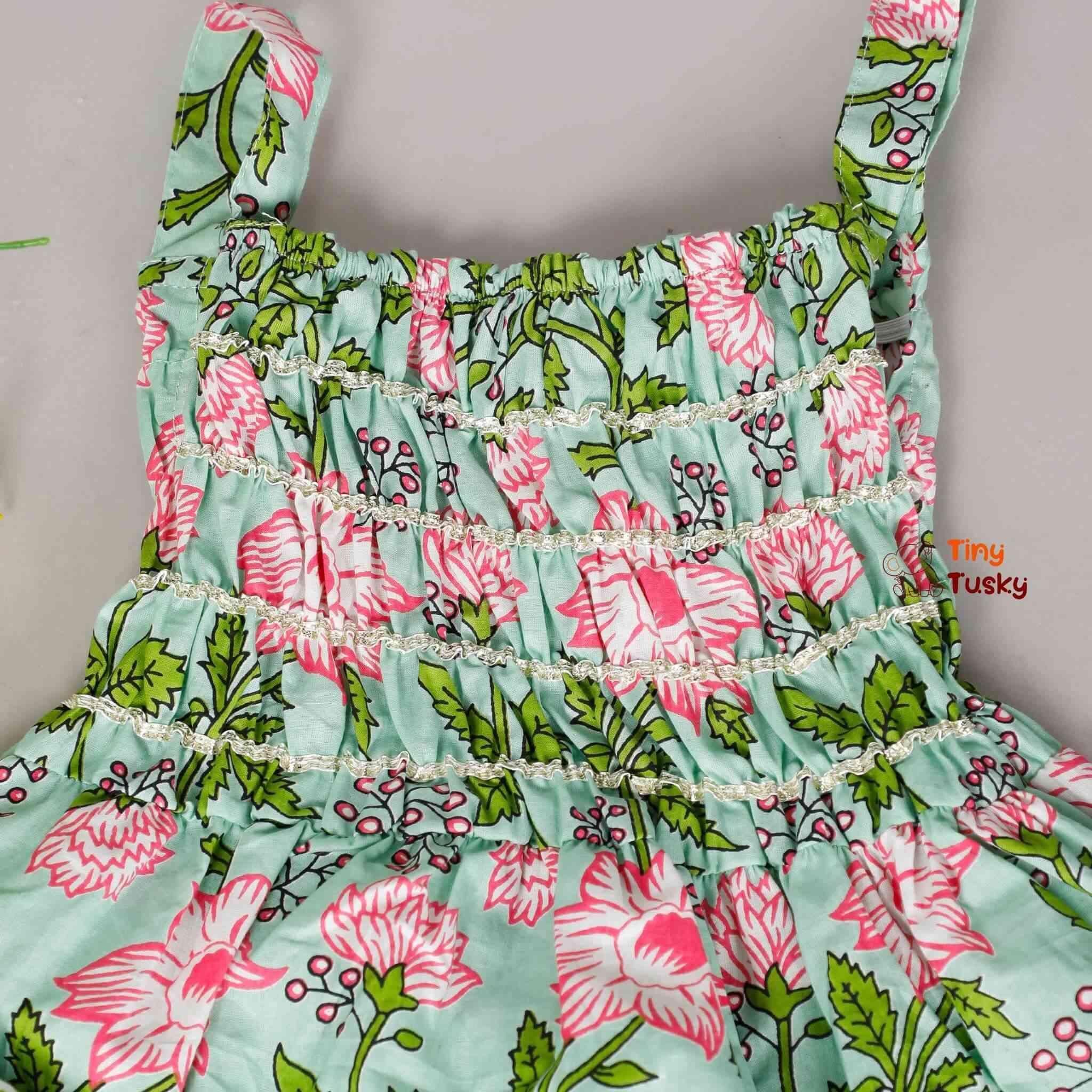 Vibrant Cotton Floral Green Girls Kurti With Sharara - Tiny Tusky