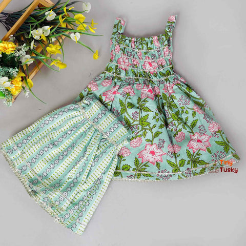 Vibrant Cotton Floral Green Girls Kurti With Sharara - Tiny Tusky