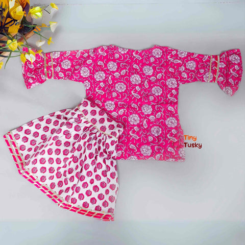 Printed Cotton Pink Girls Kurti With Sharara Pants - Tiny Tusky