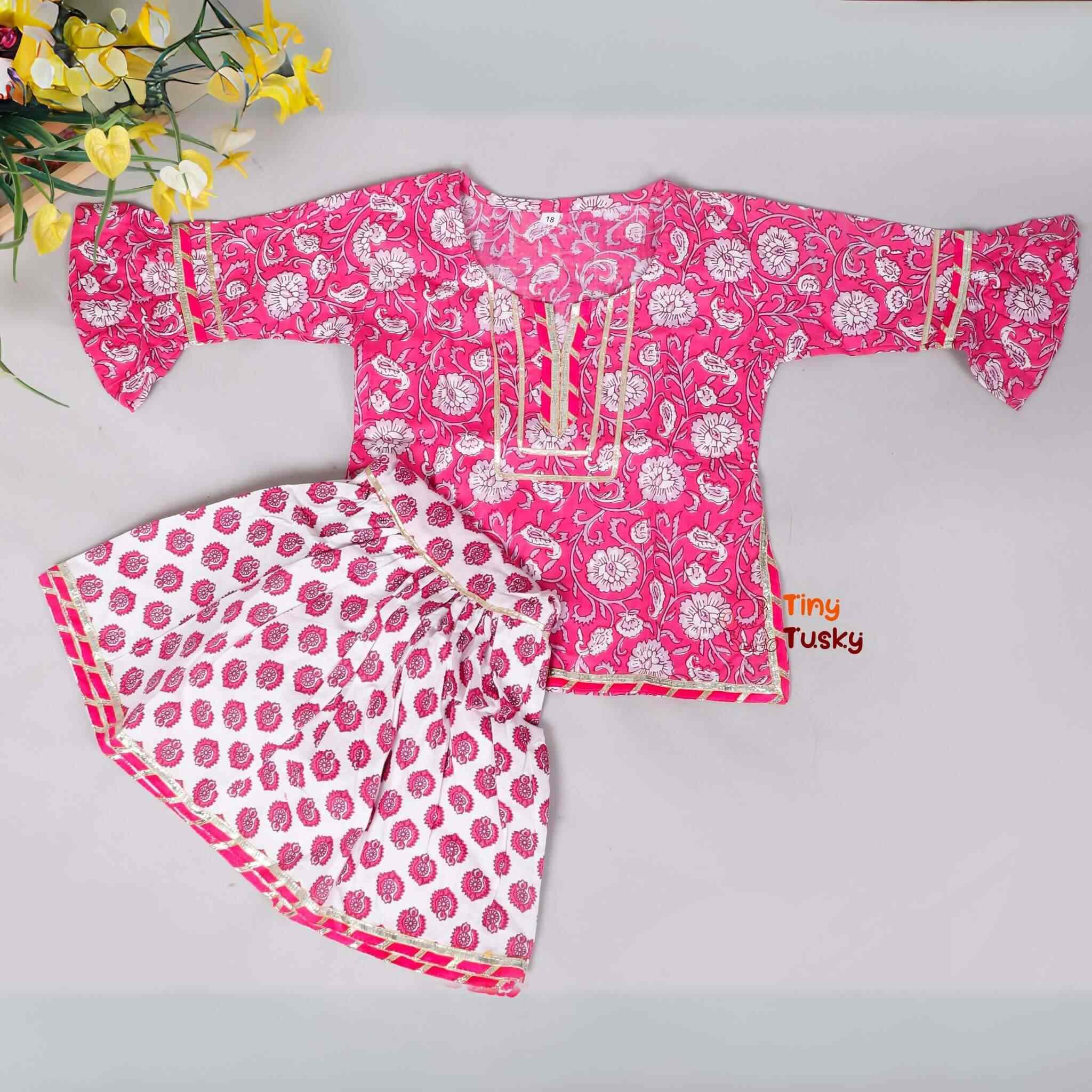 Printed Cotton Pink Girls Kurti With Sharara Pants - Tiny Tusky