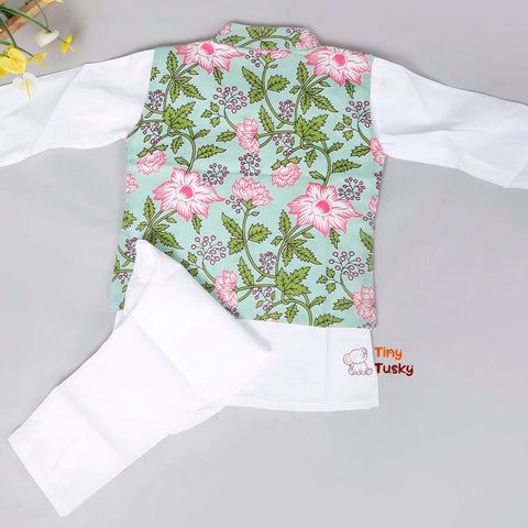 Cotton Floral Green Printed Boys Jacket With White Kurta Pajama - Tiny Tusky