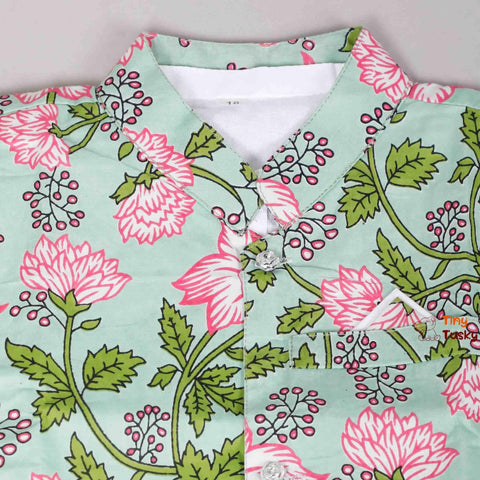Cotton Floral Green Printed Boys Jacket With White Kurta Pajama - Tiny Tusky