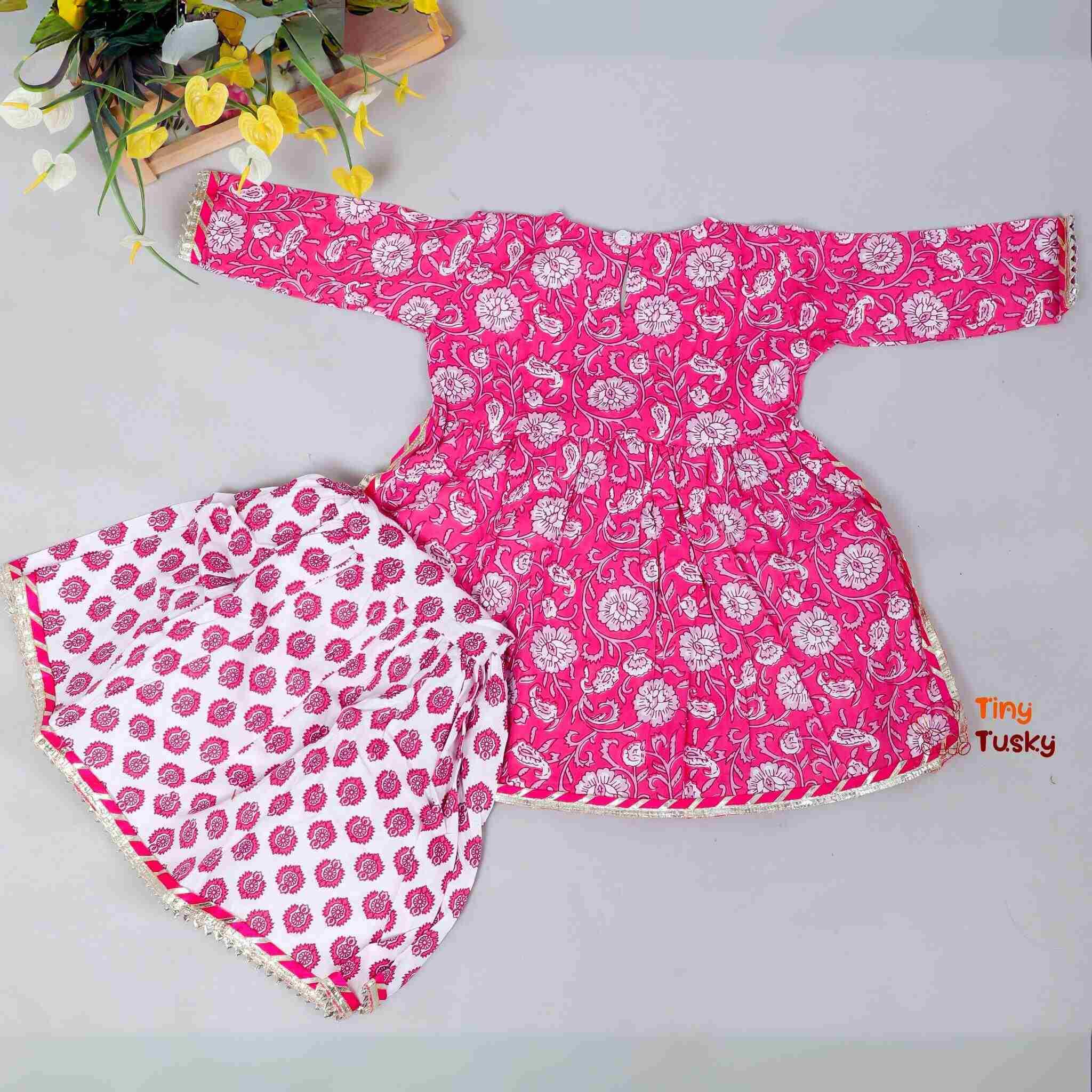Floral Printed Lace Detailed Girls Pink Kurti And Sharara Set - Tiny Tusky