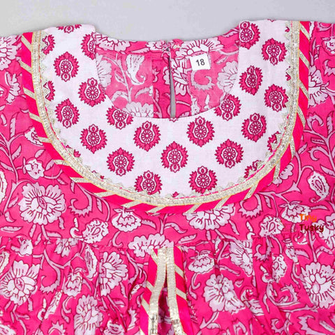 Floral Printed Lace Detailed Girls Pink Kurti And Sharara Set - Tiny Tusky