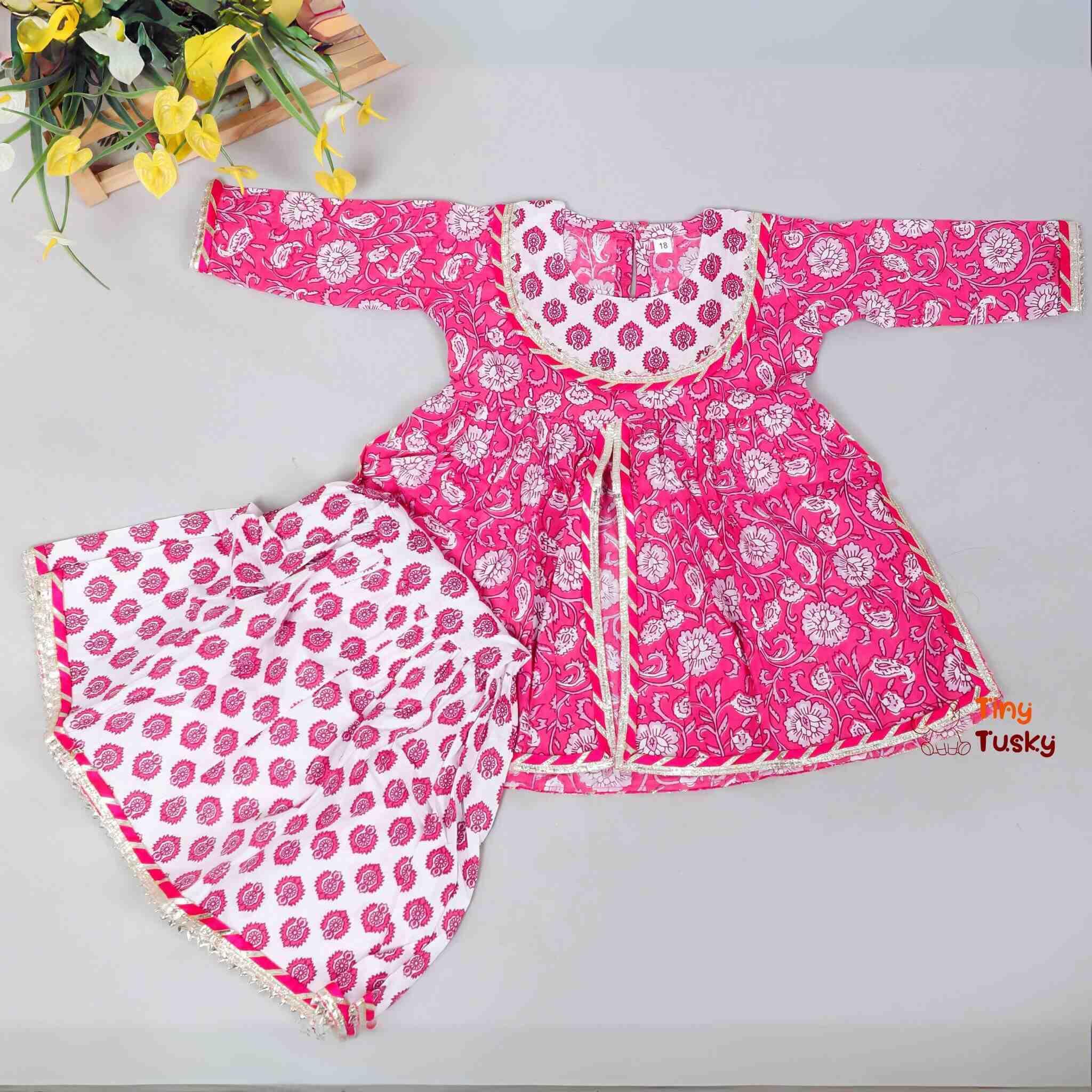 Floral Printed Lace Detailed Girls Pink Kurti And Sharara Set - Tiny Tusky