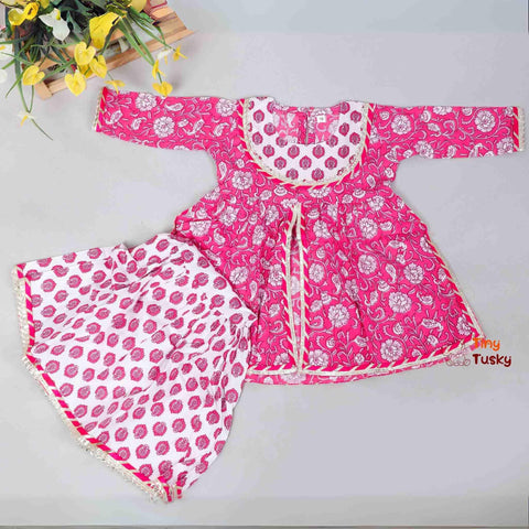 Floral Printed Lace Detailed Girls Pink Kurti And Sharara Set - Tiny Tusky