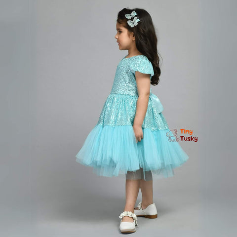 Satin Round Neck Party Wear Fit And Flair Solid Sleeveless Girls Dress In Sky Blue - Tiny Tusky