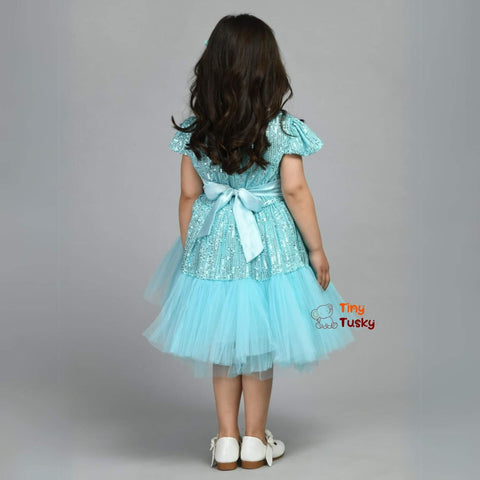 Satin Round Neck Party Wear Fit And Flair Solid Sleeveless Girls Dress In Sky Blue - Tiny Tusky