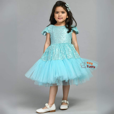 Satin Round Neck Party Wear Fit And Flair Solid Sleeveless Girls Dress In Sky Blue - Tiny Tusky