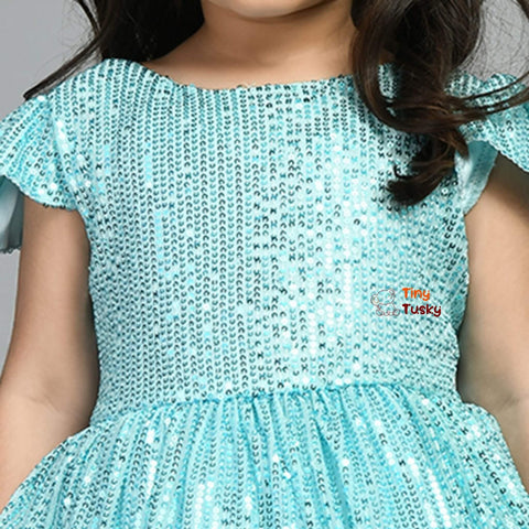 Satin Round Neck Party Wear Fit And Flair Solid Sleeveless Girls Dress In Sky Blue - Tiny Tusky