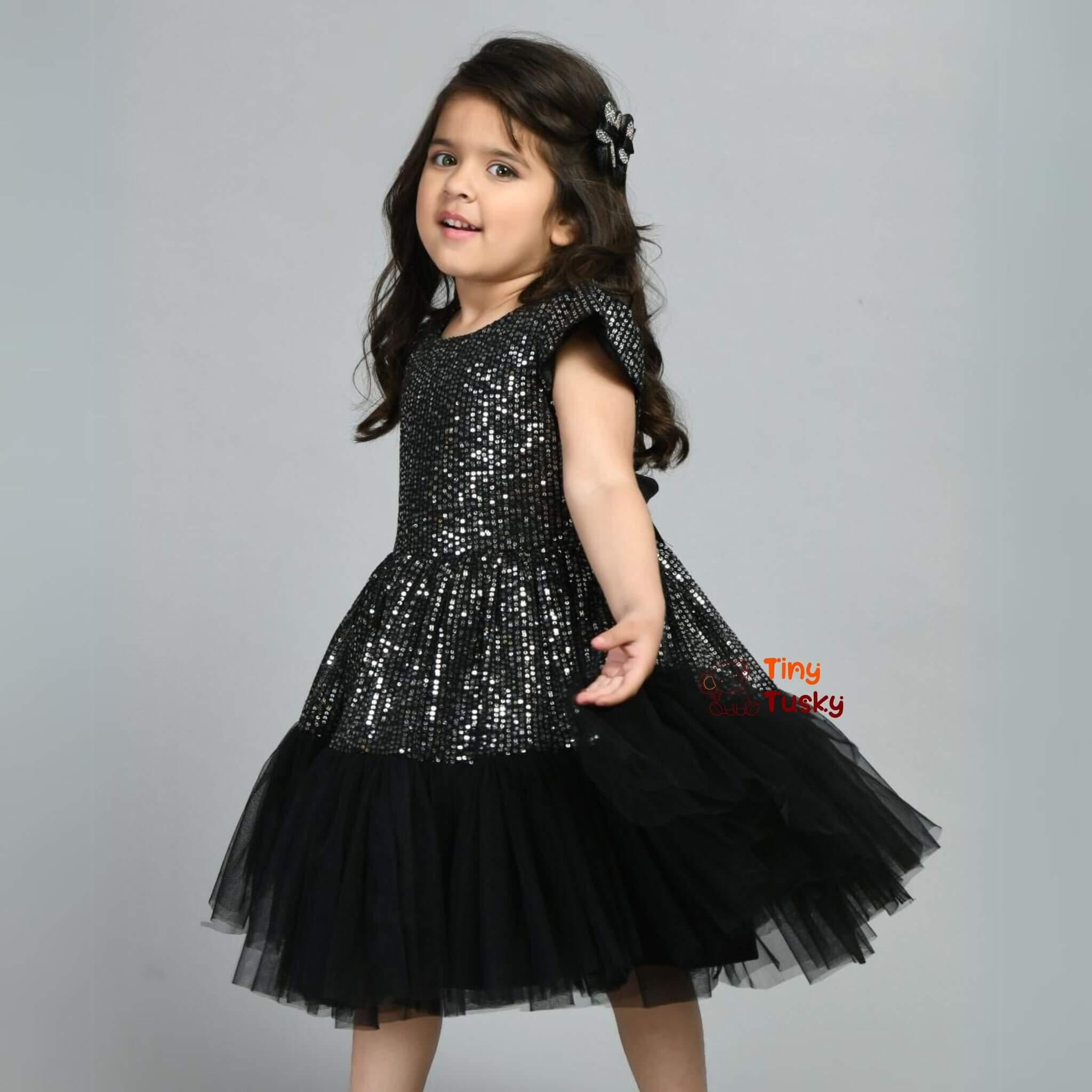 Beautiful Black Shimmery Fit And Flare Girls Party Dress - Tiny Tusky