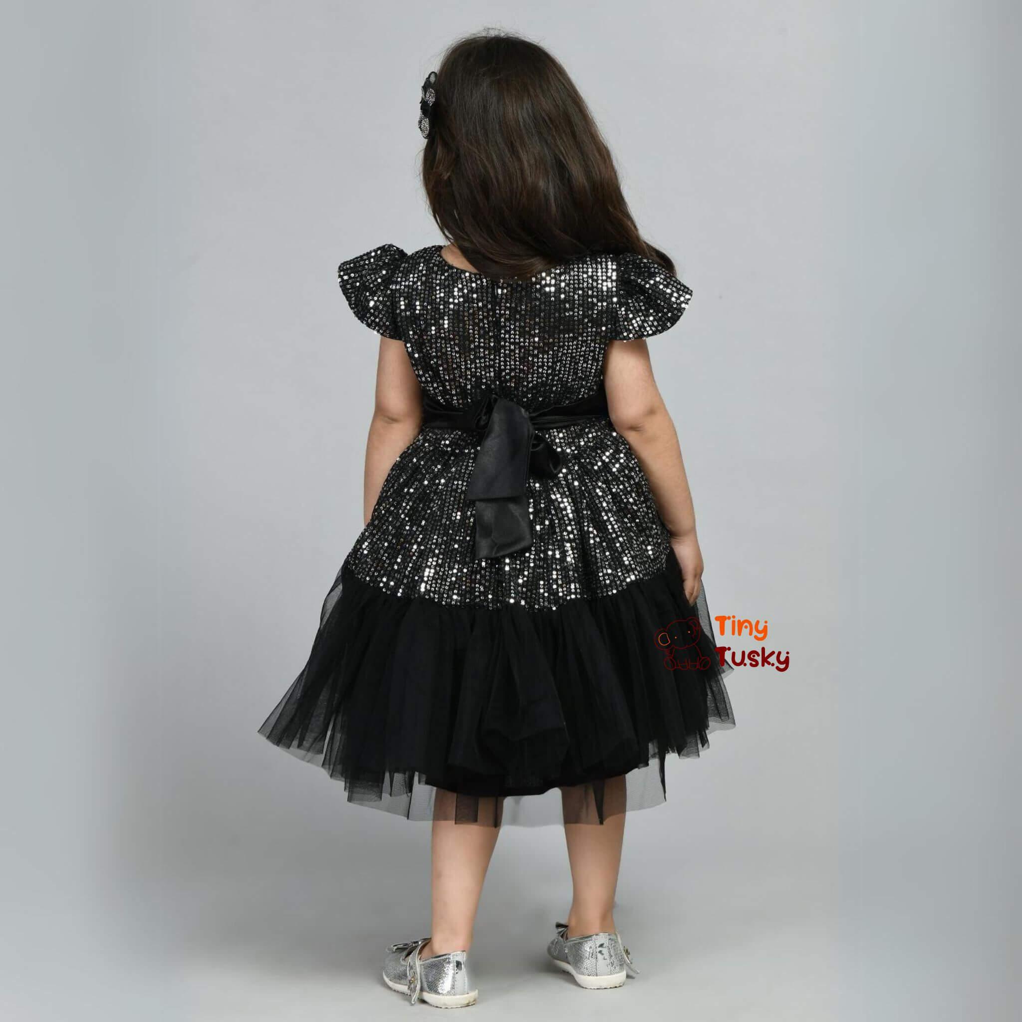 Beautiful Black Shimmery Fit And Flare Girls Party Dress - Tiny Tusky