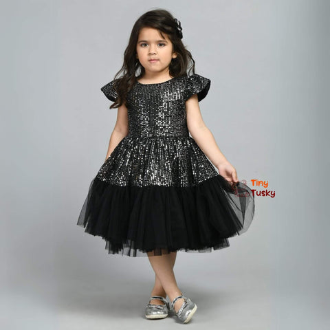 Beautiful Black Shimmery Fit And Flare Girls Party Dress - Tiny Tusky
