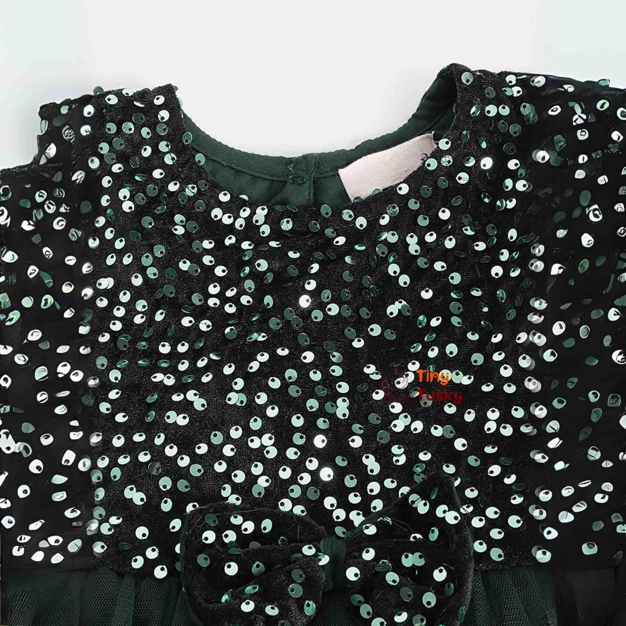 Dark Green & Black Sequined Tulle Fit & Flare Dress With Sling Bag - Tiny Tusky