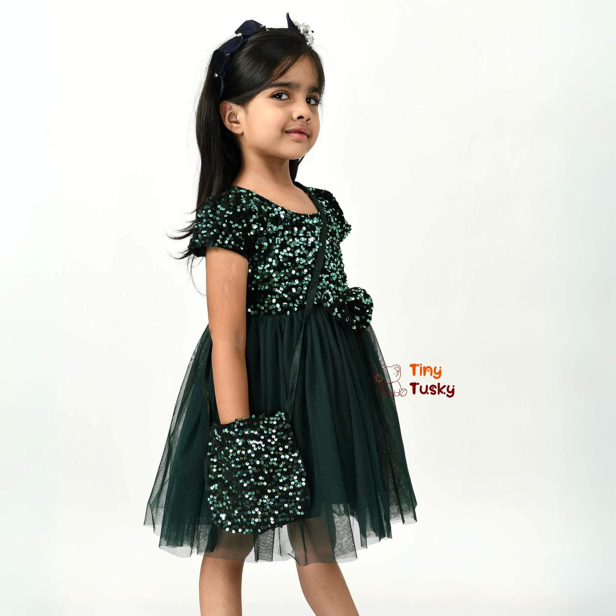 Dark Green & Black Sequined Tulle Fit & Flare Dress With Sling Bag - Tiny Tusky