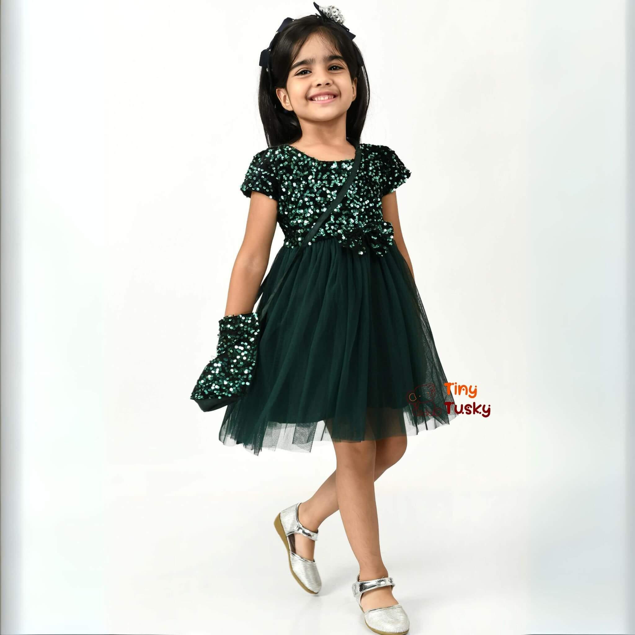 Dark Green & Black Sequined Tulle Fit & Flare Dress With Sling Bag - Tiny Tusky