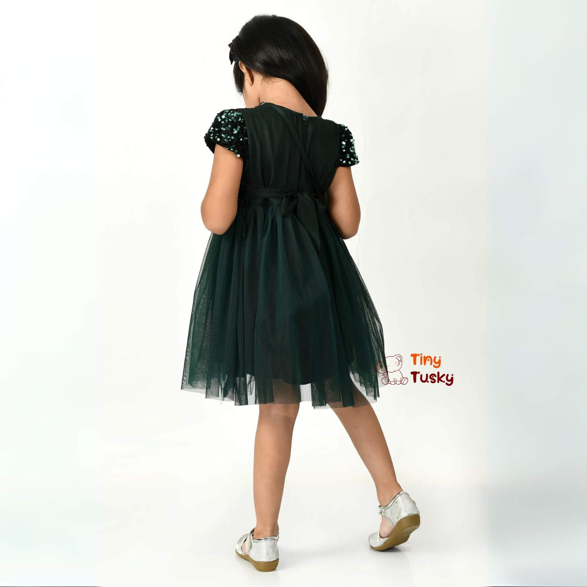 Dark Green & Black Sequined Tulle Fit & Flare Dress With Sling Bag - Tiny Tusky