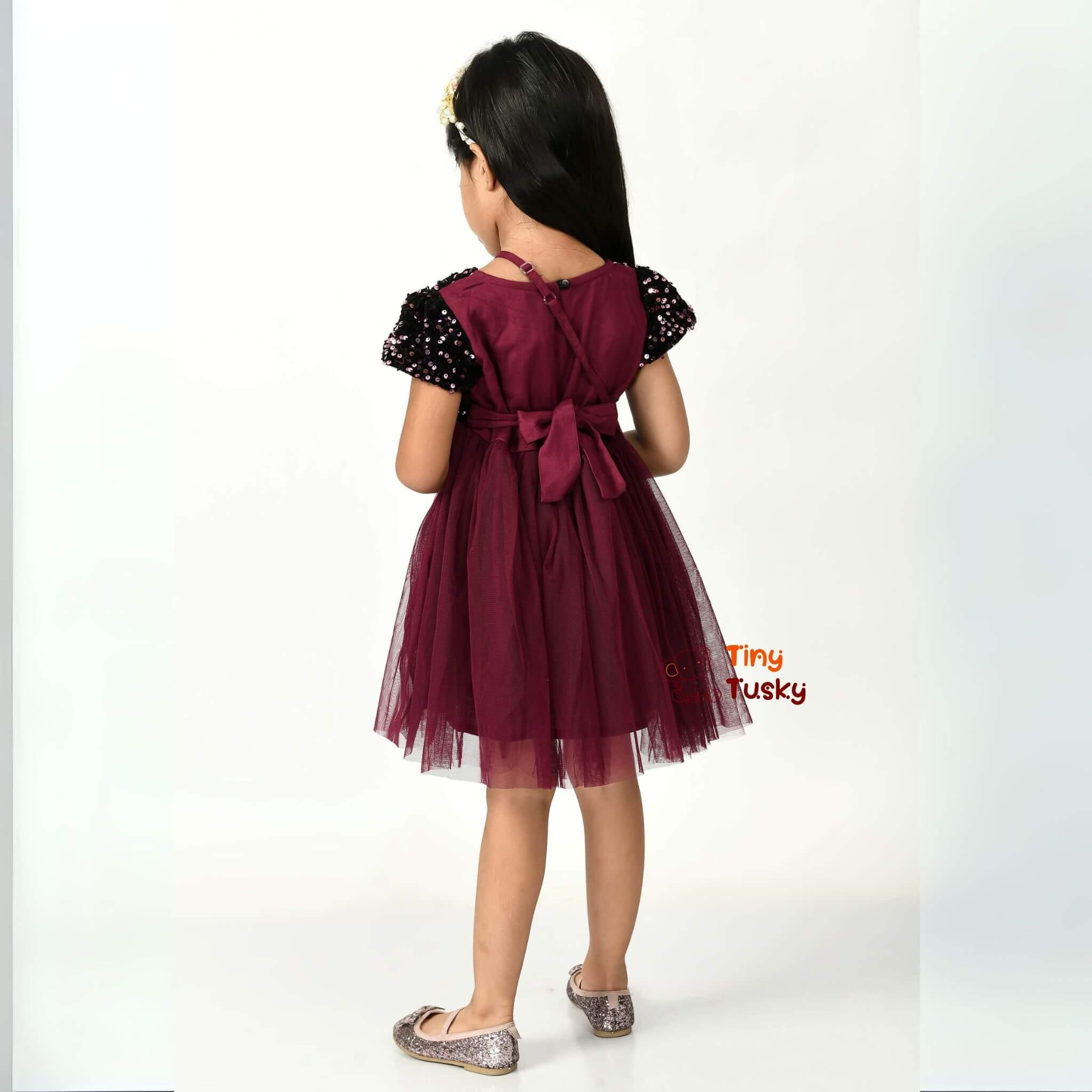 Maroon Sequined Net Fit & Flare Toddler Girls Party Dress - Tiny Tusky
