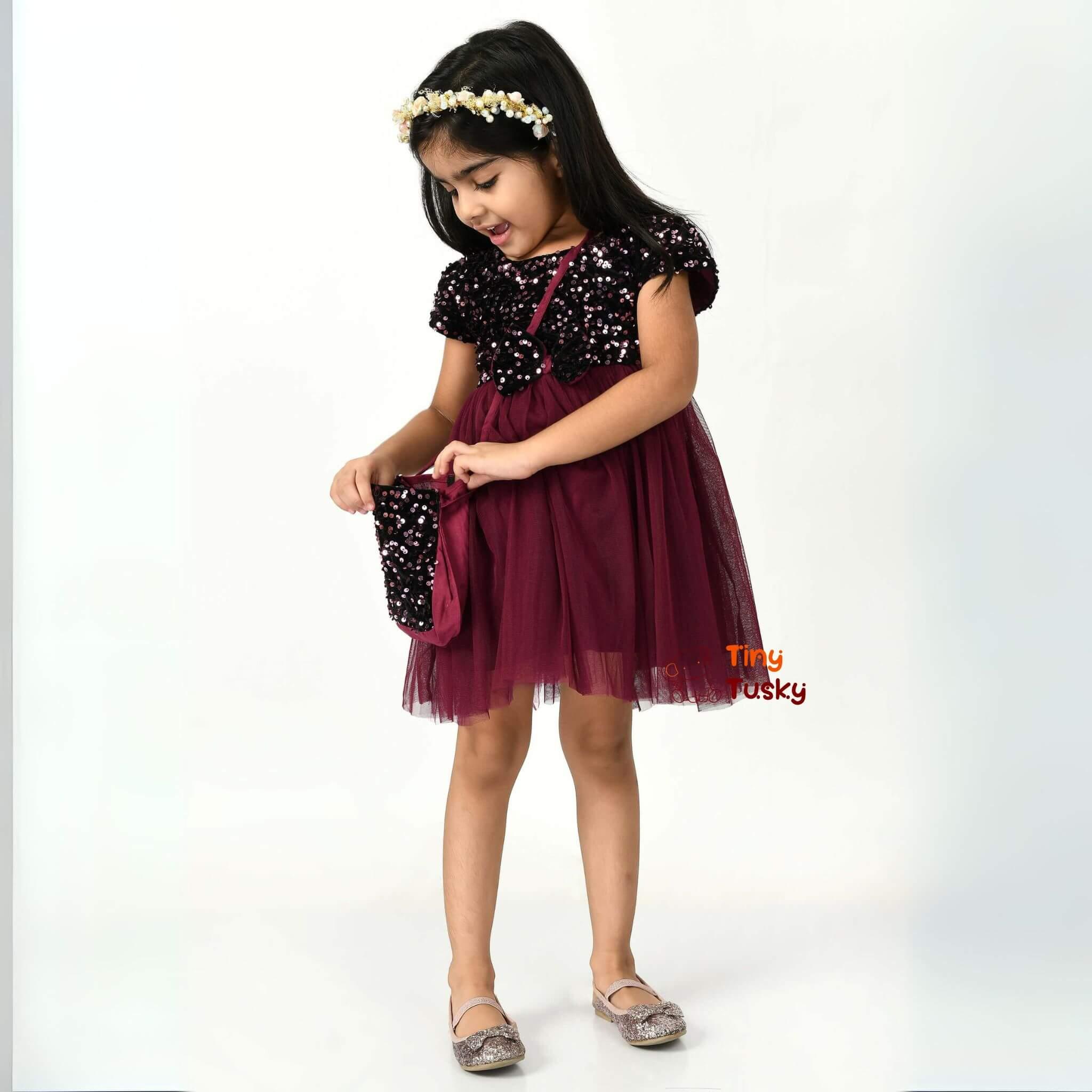 Maroon Sequined Net Fit Flare Toddler Girls Party Dress Tiny Tusky