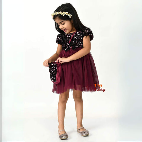 Maroon Sequined Net Fit & Flare Toddler Girls Party Dress - Tiny Tusky