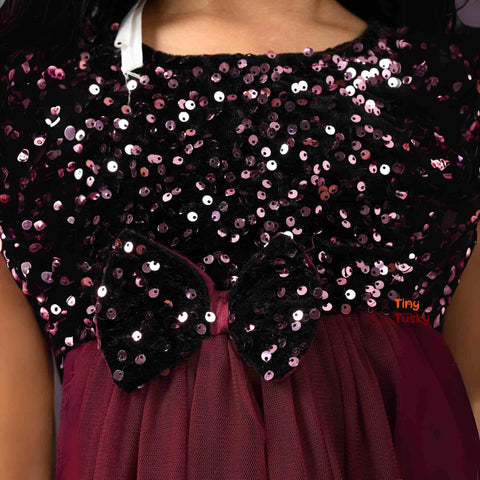 Maroon Sequined Net Fit & Flare Toddler Girls Party Dress - Tiny Tusky
