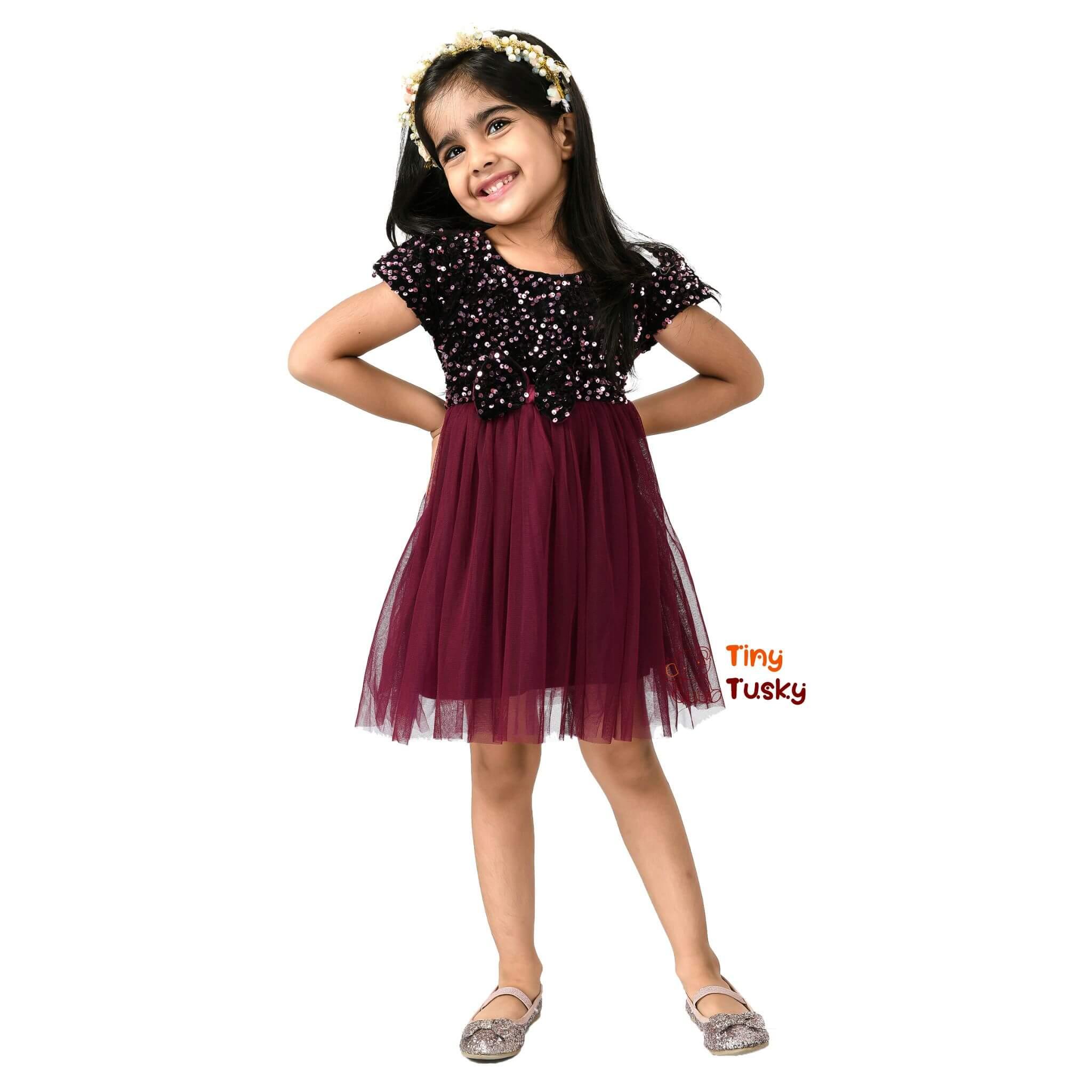 Maroon Sequined Net Fit & Flare Toddler Girls Party Dress - Tiny Tusky