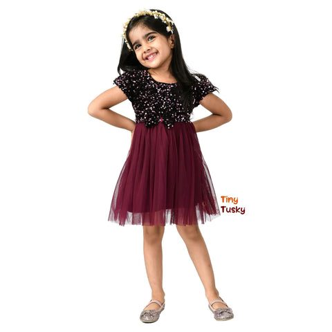 Maroon Sequined Net Fit & Flare Toddler Girls Party Dress - Tiny Tusky