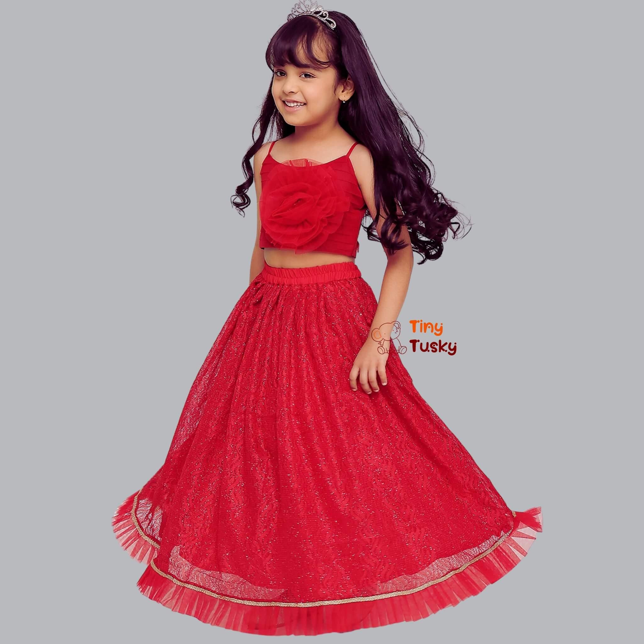 Red Skirt with 3D Rose Spaghetti Top for Toddler Girls - Tiny Tusky