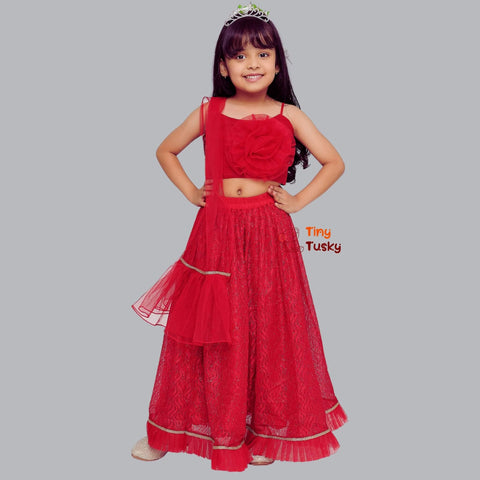 Red Skirt with 3D Rose Spaghetti Top for Toddler Girls - Tiny Tusky