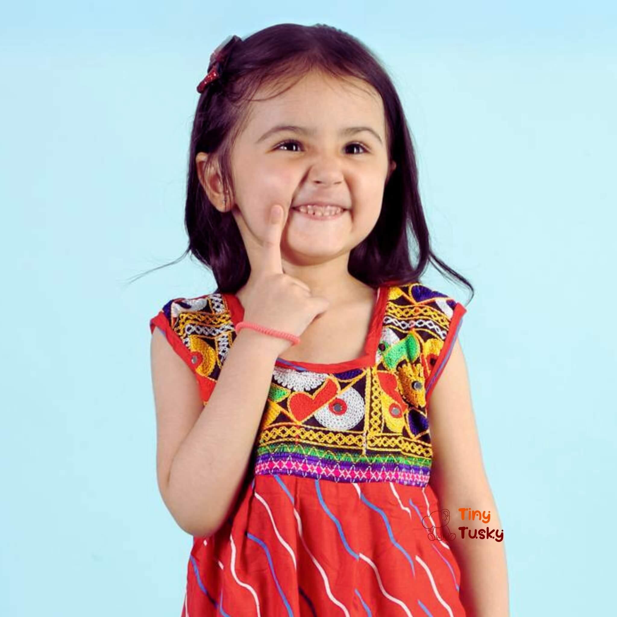 Comfortable Cotton Festive Red Girls Embroidered Lehariya Dress - Tiny Tusky