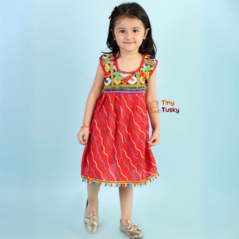 Comfortable Cotton Festive Red Girls Embroidered Lehariya Dress - Tiny Tusky