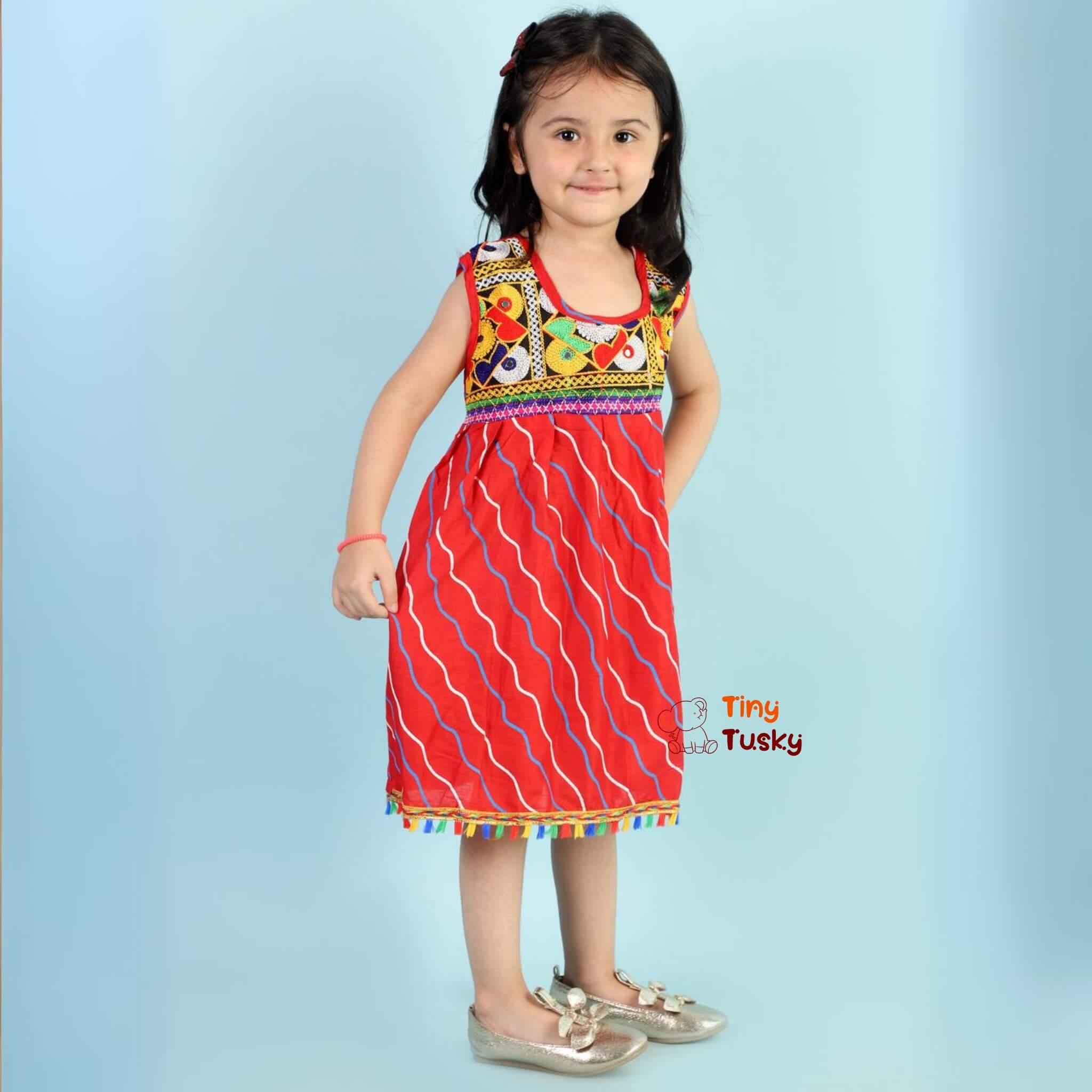 Comfortable Cotton Festive Red Girls Embroidered Lehariya Dress - Tiny Tusky