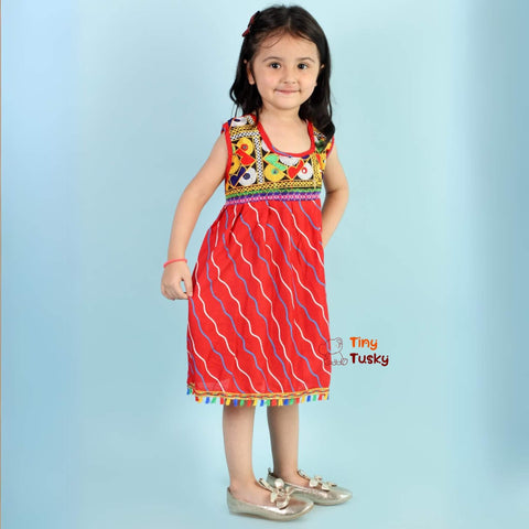 Comfortable Cotton Festive Red Girls Embroidered Lehariya Dress - Tiny Tusky