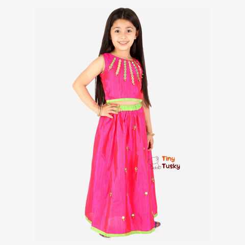 Beautiful Pink Silk Lehenga Top With Mirror Bells - Tiny Tusky