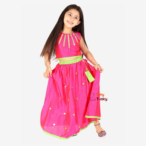 Beautiful Pink Silk Lehenga Top With Mirror Bells - Tiny Tusky