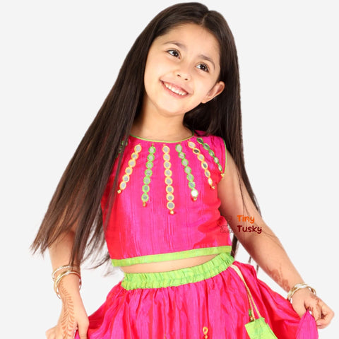 Beautiful Pink Silk Lehenga Top With Mirror Bells - Tiny Tusky