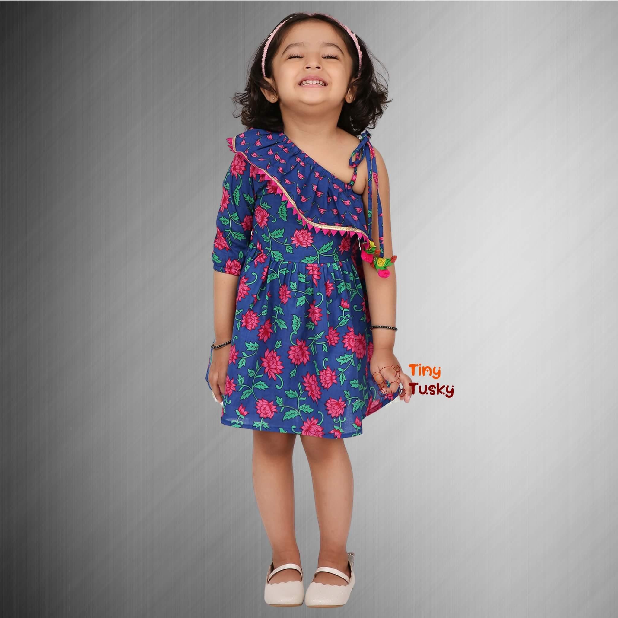 Girls Cotton Lotus Print Frilly One Shoulder Dress - Tiny Tusky