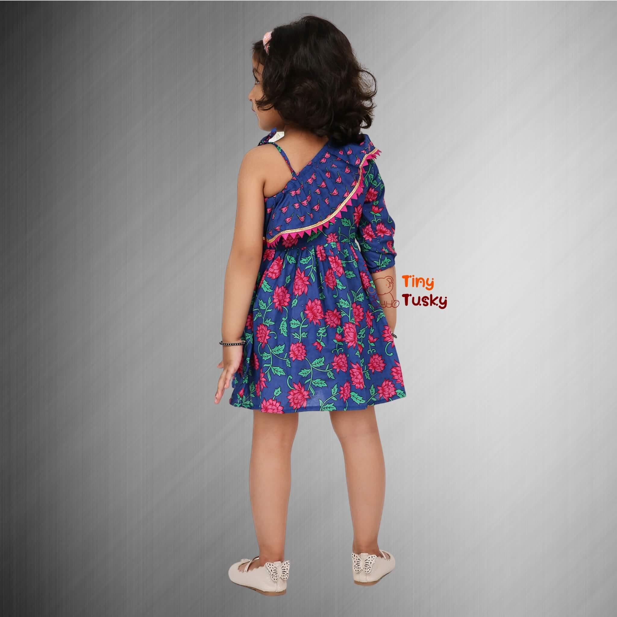 Girls Cotton Lotus Print Frilly One Shoulder Dress - Tiny Tusky