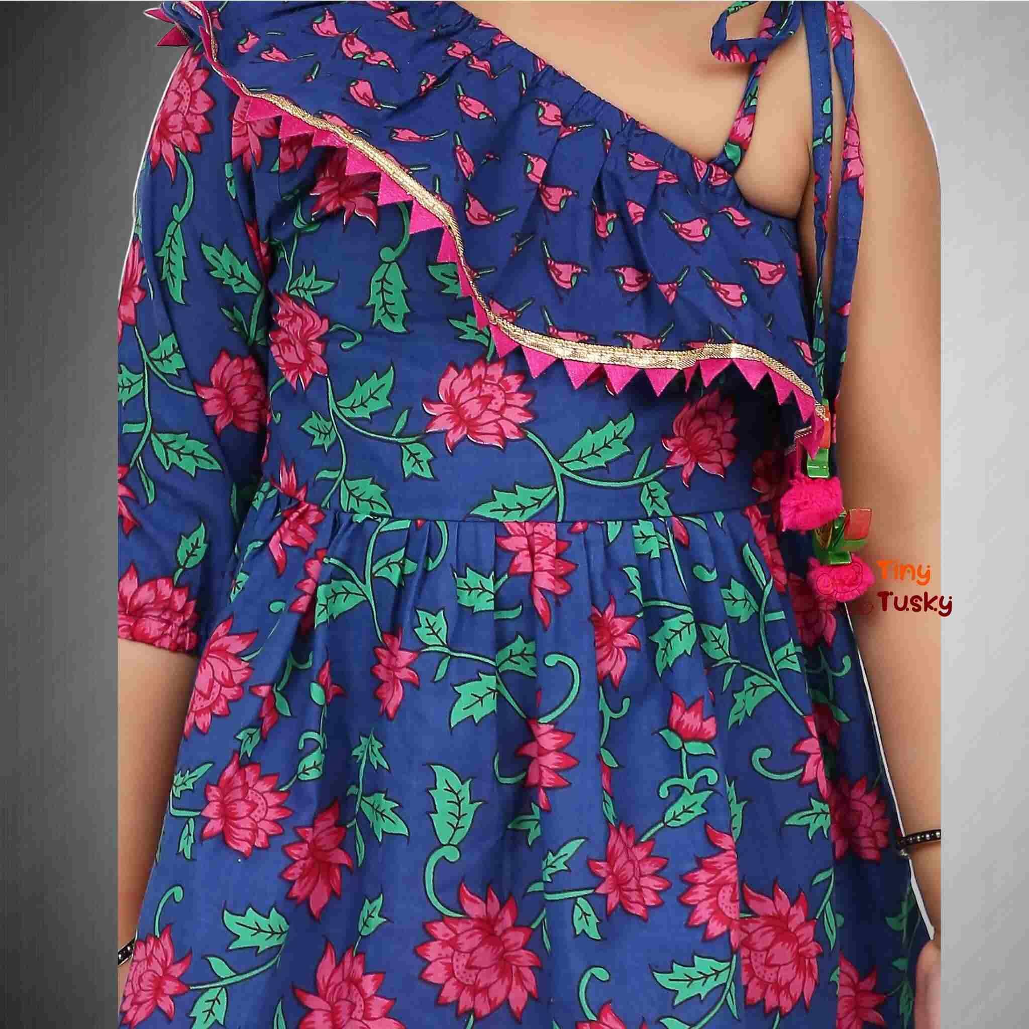 Girls Cotton Lotus Print Frilly One Shoulder Dress - Tiny Tusky