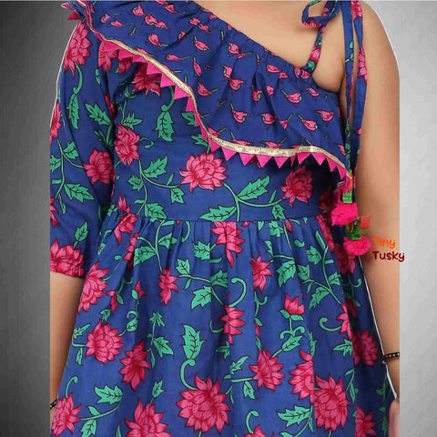 Girls Cotton Lotus Print Frilly One Shoulder Dress - Tiny Tusky