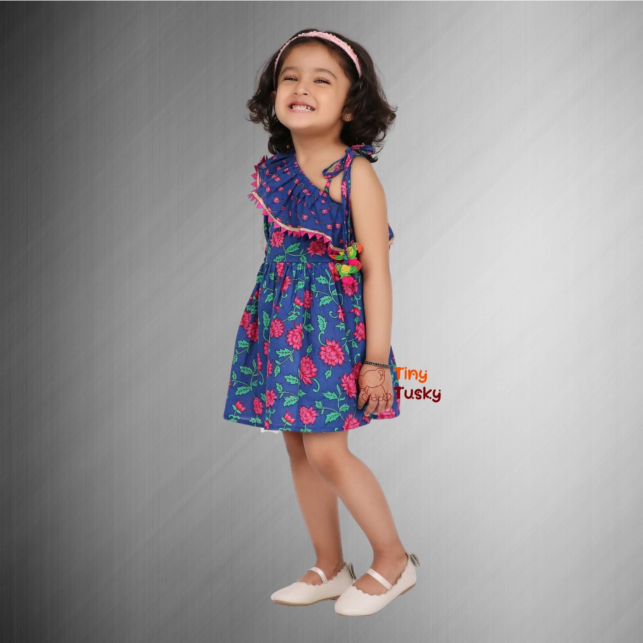 Girls Cotton Lotus Print Frilly One Shoulder Dress - Tiny Tusky