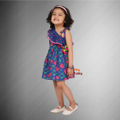 Girls Cotton Lotus Print Frilly One Shoulder Dress - Tiny Tusky