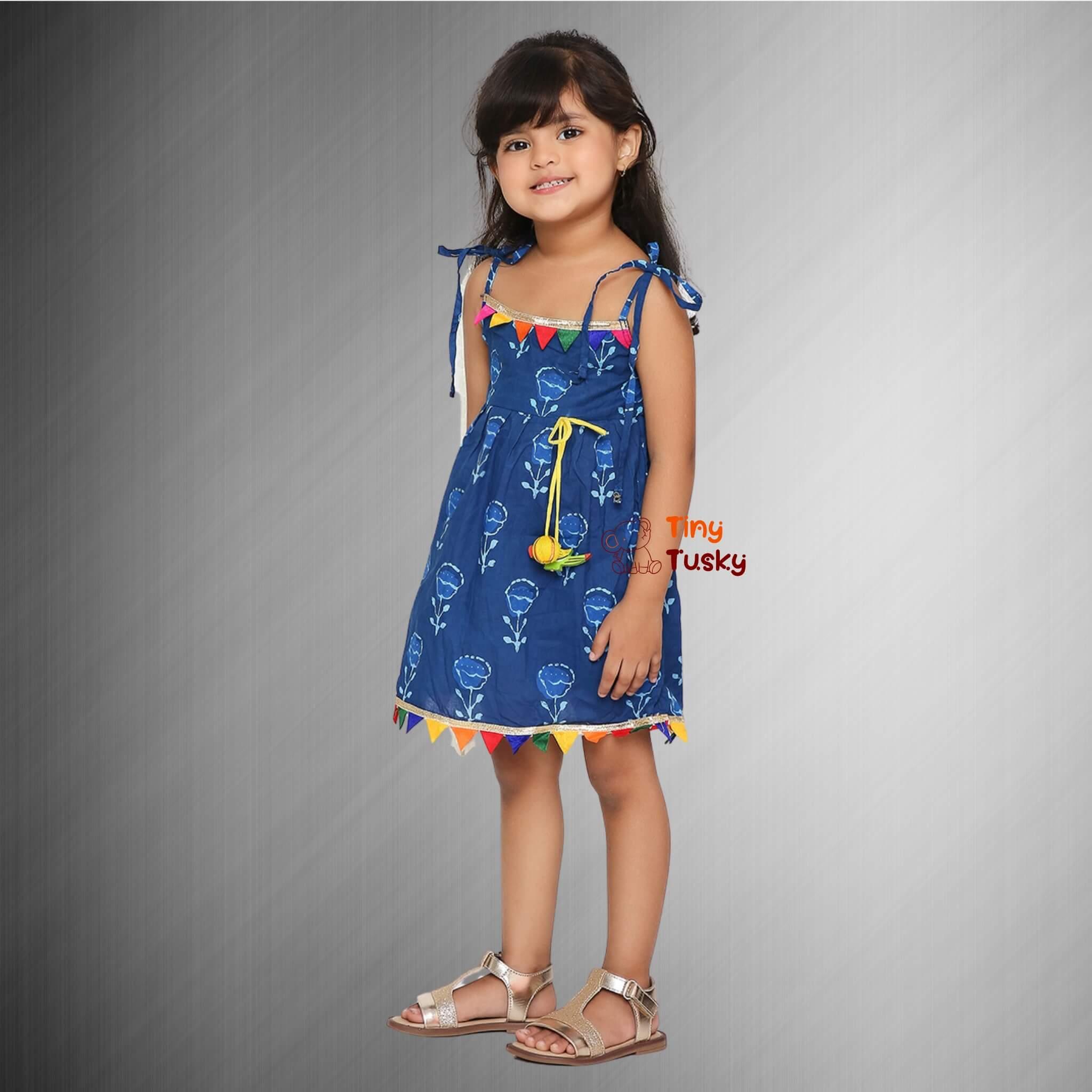 Little Girl Dresses: Blue Cotton Pom Pom Dress - Tiny Tusky