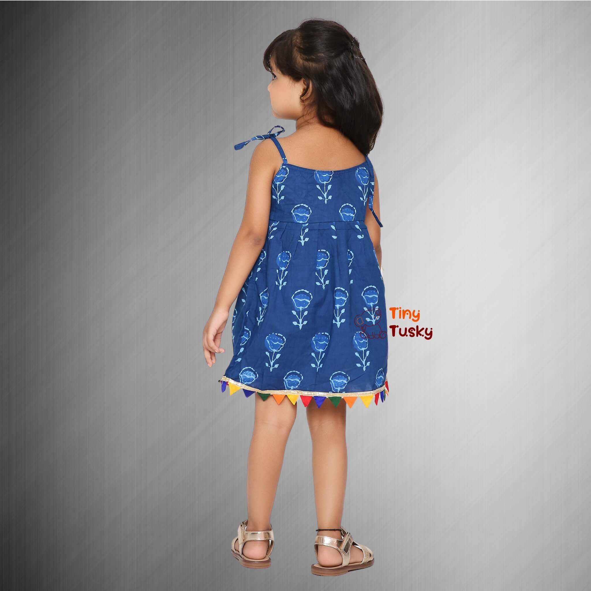 Little Girl Dresses: Blue Cotton Pom Pom Dress - Tiny Tusky