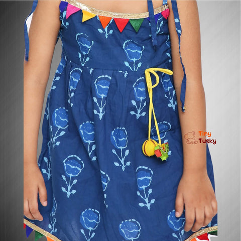 Little Girl Dresses: Blue Cotton Pom Pom Dress - Tiny Tusky