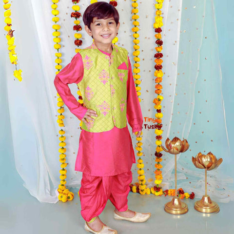 Stylish Boys Silk Blend Jacket With Kurta and Dhoti - Tiny Tusky