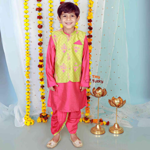 Stylish Boys Silk Blend Jacket With Kurta and Dhoti - Tiny Tusky