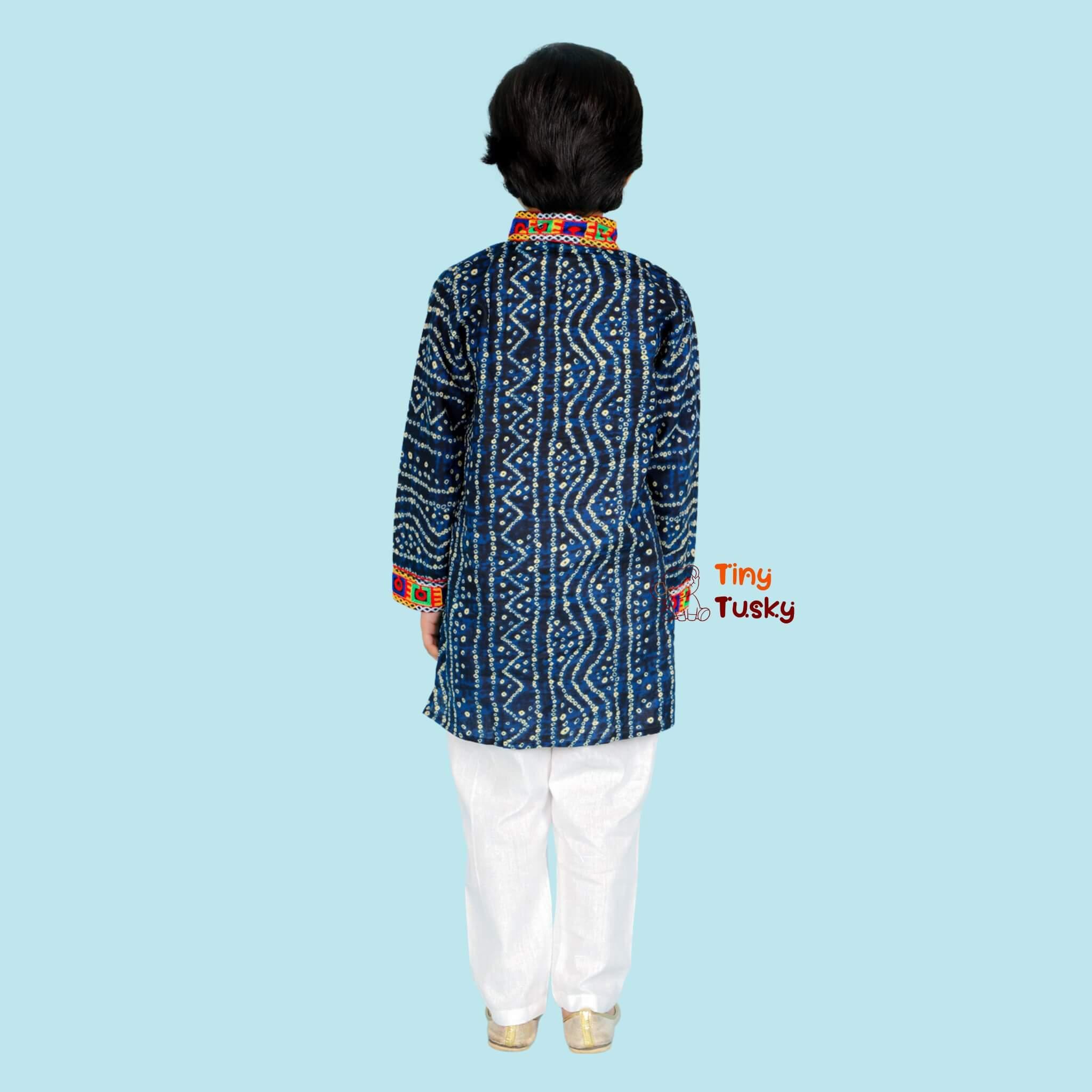 Festive Blue Bandhani Print Boys' Kurta With Embroidery - Tiny Tusky