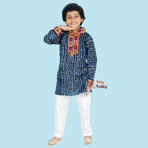 Festive Blue Bandhani Print Boys' Kurta With Embroidery - Tiny Tusky